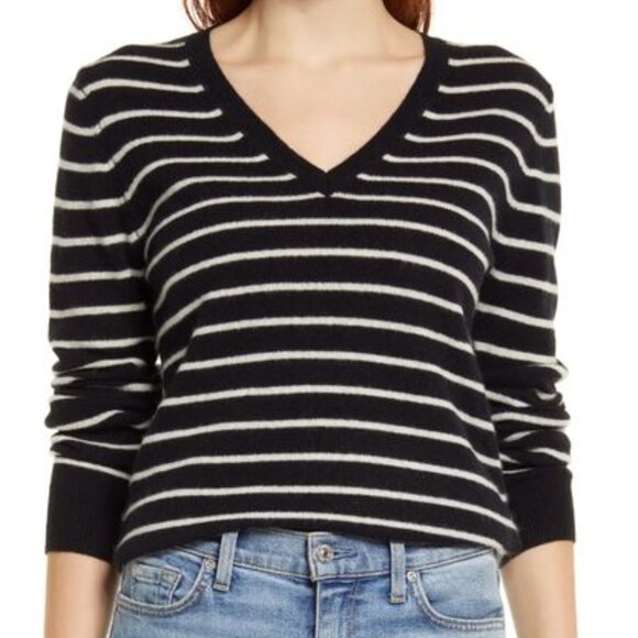 Nordstrom Sweaters - Nordstrom Cashmere Essential V-Neck Sweater Black and White Stripe Sz S